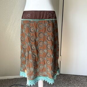 Brown Teal Lace Trim Eyelet Boho Western Women’s Medium Comfy Cute Midi Skirt